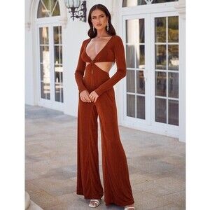 NWT Alamour the Label Violetta Wide Leg Knit Cut Out Jumpsuit in Rust Brown US 2
